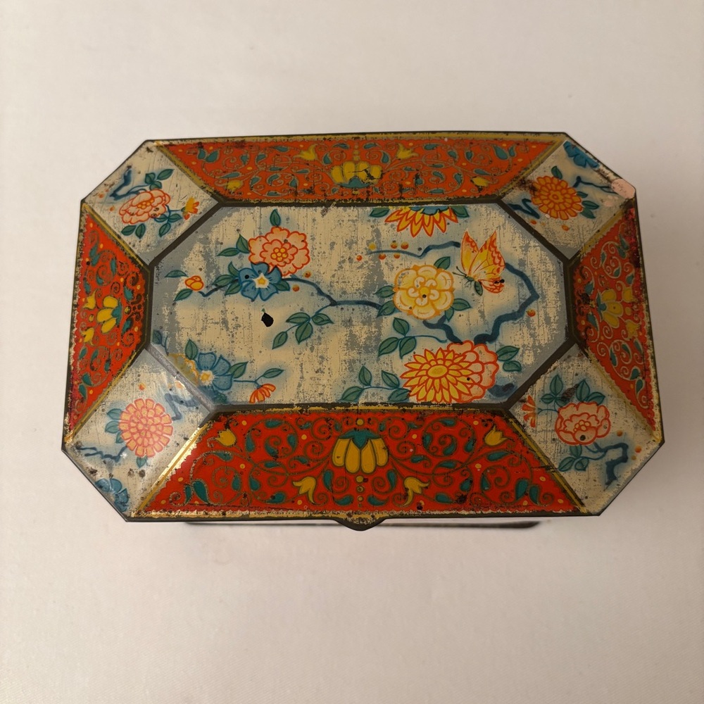 Vintage Gray Dunn Biscuit Tin Floral Orange Metallic Product of Scotland